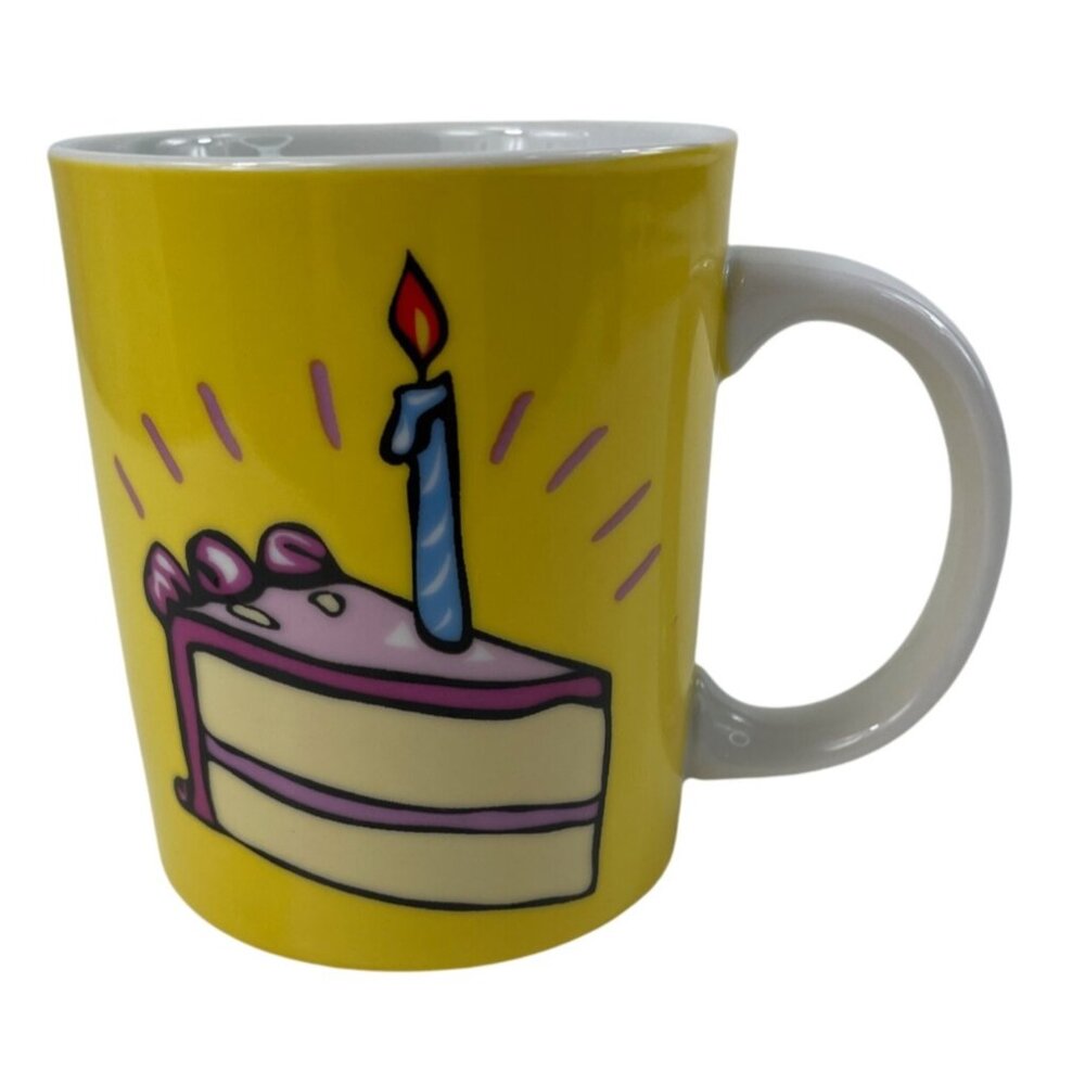 Vintage Teleflora Gift Happy Birthday Cake with Candle Yellow Coffee Mug 12 Oz